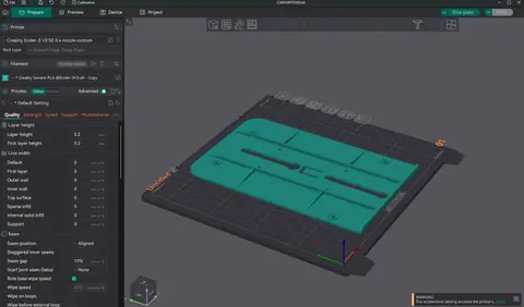 A car part laid out on the print bed in the slicer