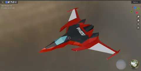 The player ship, a red, black and white fighter, in Blender