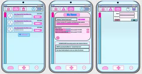 An early mockup of three phone screens for voiceWeb